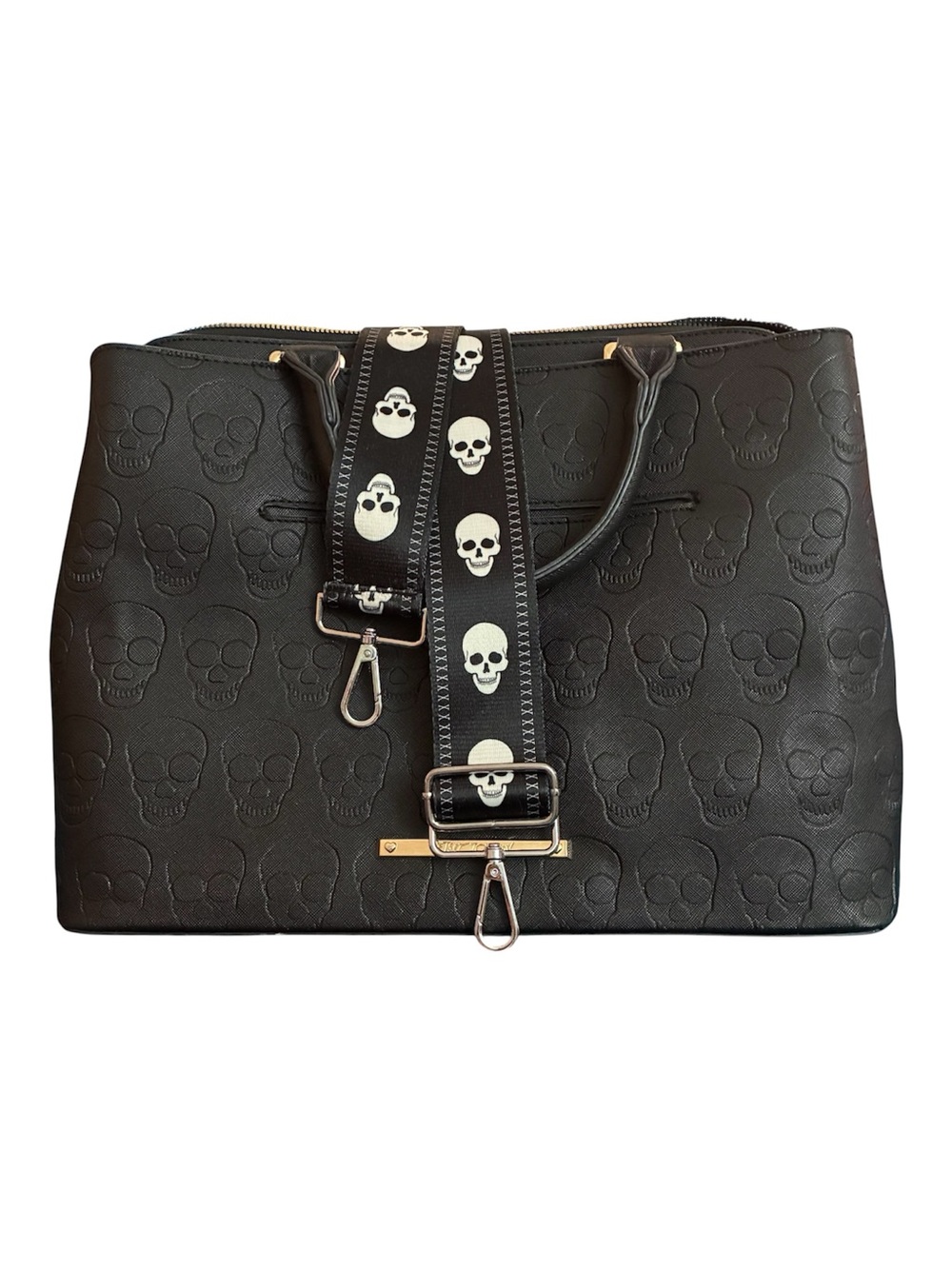 ​Betsey Johnson Black Skull-Embossed Tote Bag with Skull Webbing Strap